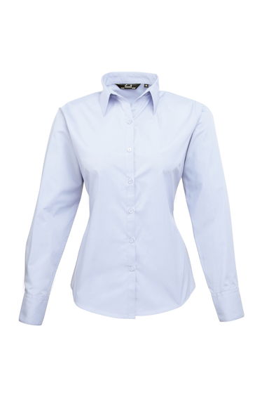 Premier Womens/Ladies Poplin Long Sleeve Blouse / Plain Work Shirt - Light Blue