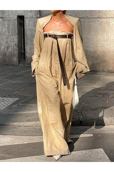 Buttoned Long Sleeves Collarless Outerwear Top + Wide Leg Belted Jumpsuits Two Pieces Set