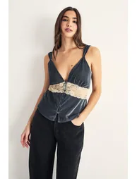 Velvet Lace Insert Button Detail Cami Top