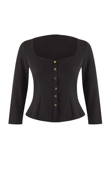 Black Heart-Neck Finike Woven Plus Size Blouse
