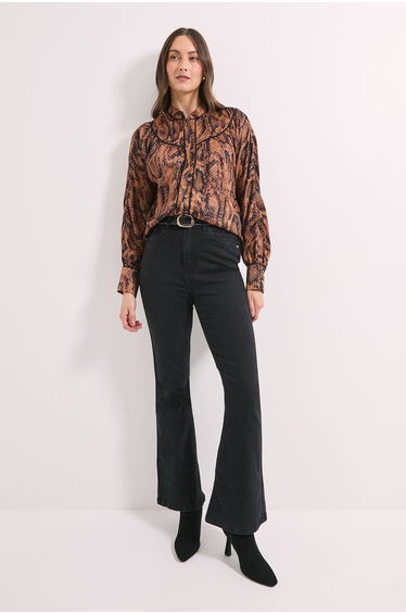 Snake Print Bead Trim Piped Detail Batwing Shirt