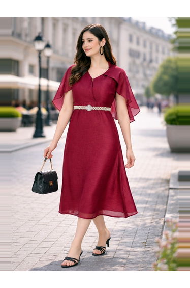 Red Cape Sleeve Midi Dress with Pearl Belt