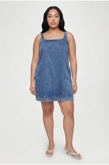 Plus A-Line Square Neck Mini Dress - mid wash