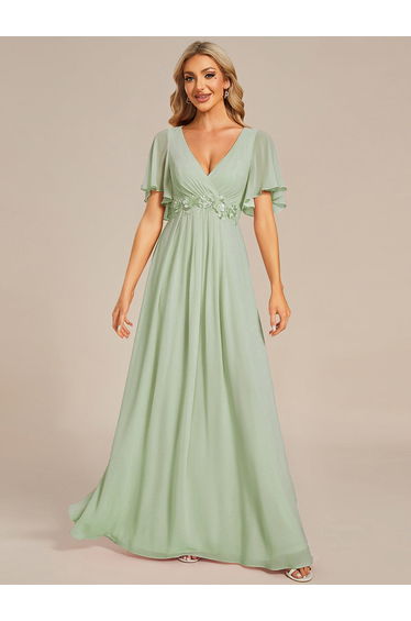 ever IVYROSE|Ruffles Sleeve A-Line Chiffon Waist Applique Maxi Formal Evening Dress
