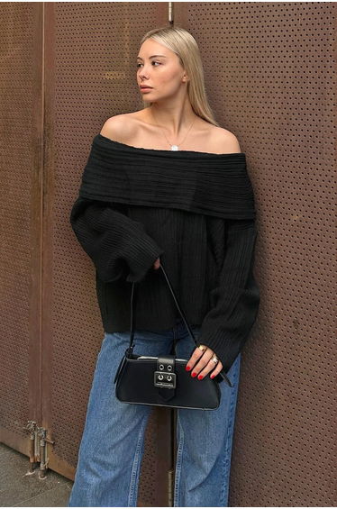 Black Madonna Collar Open Shoulder Women's Knitwear Sweater