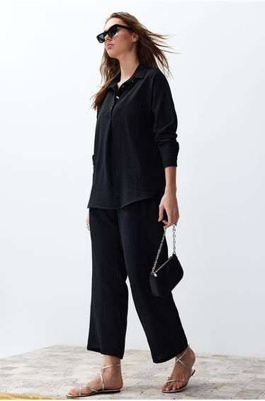 Black Buttoned Woven Two Piece Set