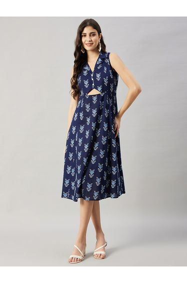Women Navy Blue Cut -Out Sleeveless Midi Dress
