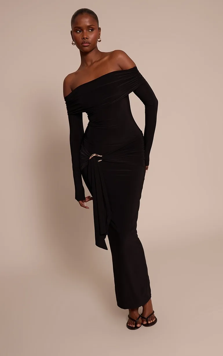 off the shoulder wrap maxi dress Black Slinky Off The Shoulder Wrap Maxi Dress Prettylittlething Black :  Evening Dresses : VogaCloset Qatar