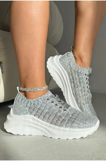 Lemonade Flex Cloud Knit Mesh Lace-Up Chunky Trainers Silver