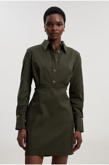 Petite Techno Cotton Woven Mini Shirt Dress With Gold Clasps