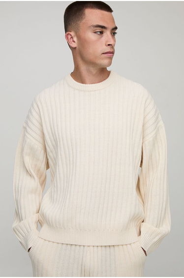 Relaxed Boxy Ribbed Knitted Jumper - ecru