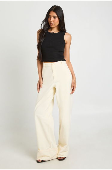 Tall Turn Up Hem Twill Wide Leg Trousers - ecru