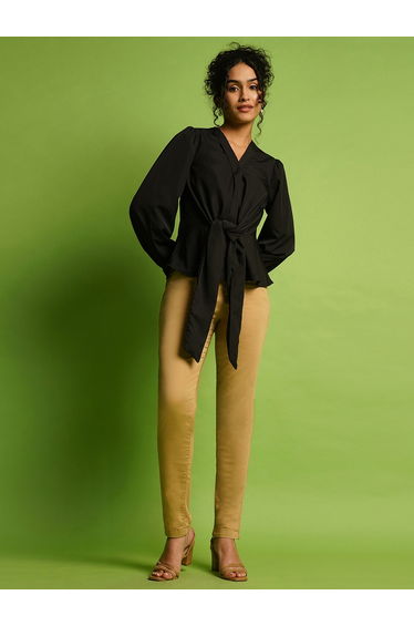 Solid Wrap Balloon Sleeve Top with Tie-Up Detail