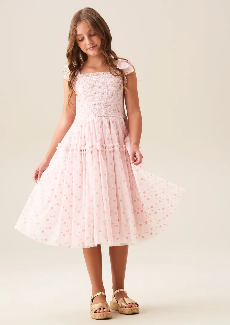 Vivi Heart Flock Tie Shoulder Mesh Dress