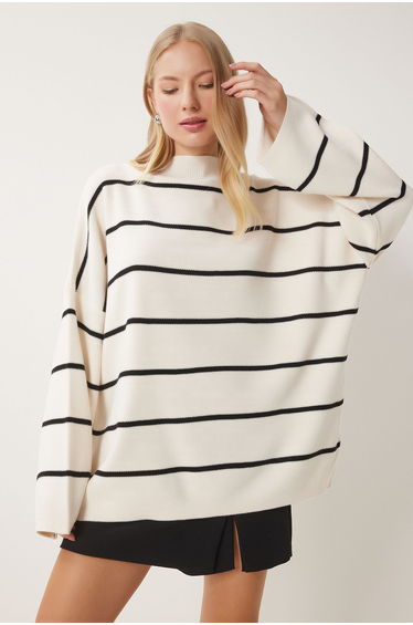 Women's Cream Striped Oversize Long Knitwear Sweater