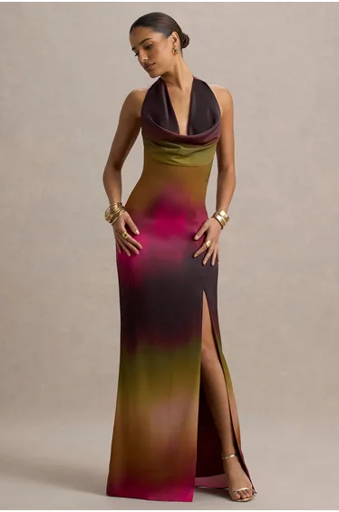 Fiorella | Ombre Print Cowl-Neck Split Maxi Dress