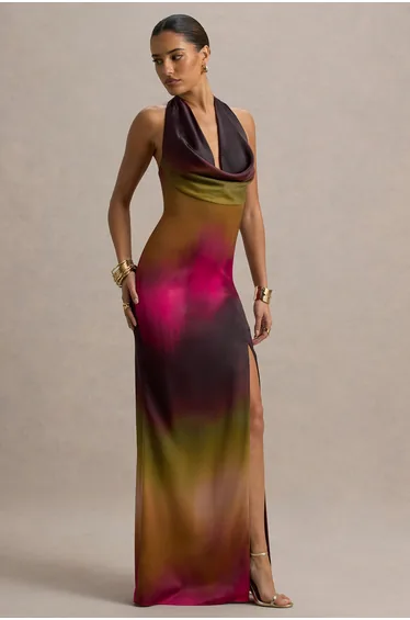 Fiorella | Ombre Print Cowl-Neck Split Maxi Dress