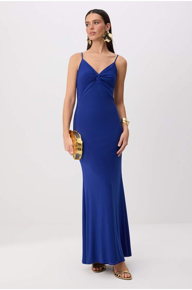 Cobalt Low-Cut Detailed Knitted Maxi Evening Dress & Graduation Dress