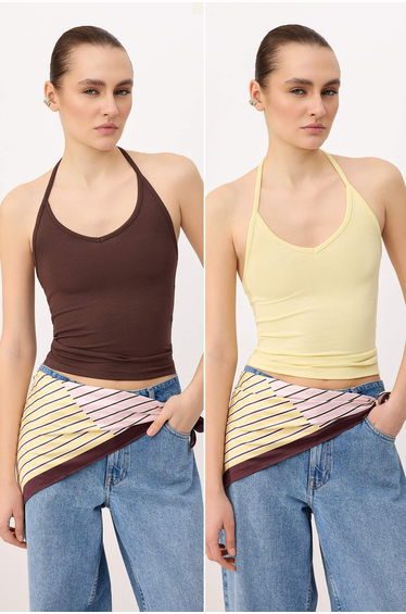 Yellow-Brown Plain Fitted Halter Neck Tie-Detail Sleeveless Cotton Rib Knit Knitted Undershirt