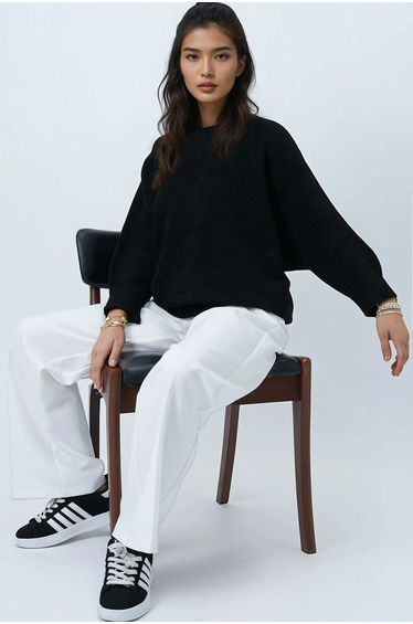 Women's Black Boat Neck Bat Sleeve Boucle Knit Sweater