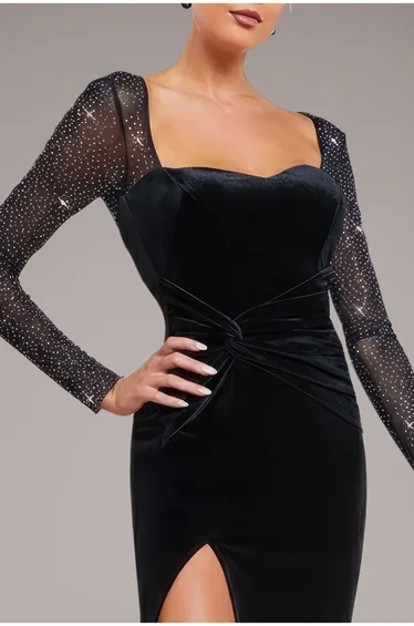 فستان مخمل اسود مزموم