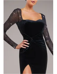 Goddiva Diamante Sleeve Front Split Velvet Maxi Dress - 3