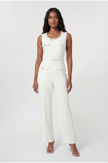 Compact Stretch Embellished Trim Tailored Wide Leg Jumpsuit