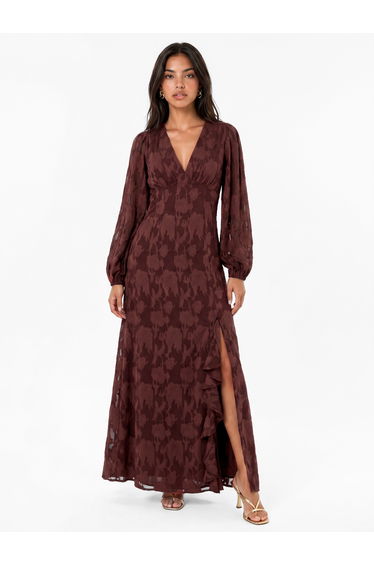 Anaya With Love Recycled Chocolate Floral Burnout Long Sleeve Ruffle Maxi Dress