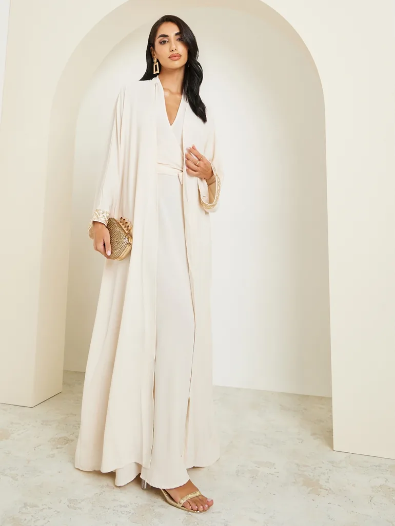 cream abaya dress Sofiya Kimono Feather Abaya - Cream | Size 56 | Crepe Satin Polyester Blend, Luxurious Sheen, Delicate Feather Trim