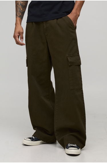 Wide Fit Half & Half Waistband Cargo Pocket Washed Twill Trouser - khaki