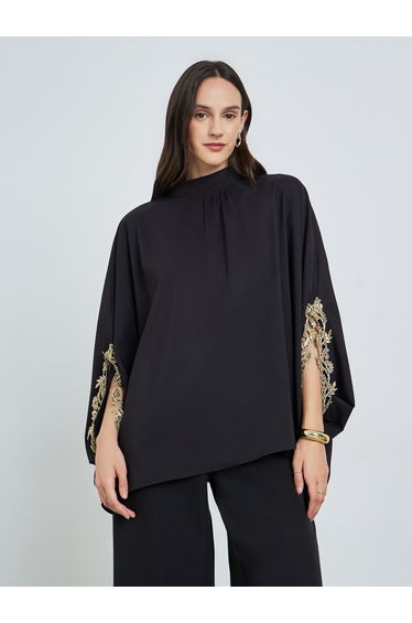 Black Lace Detail Slit Sleeve Blouse