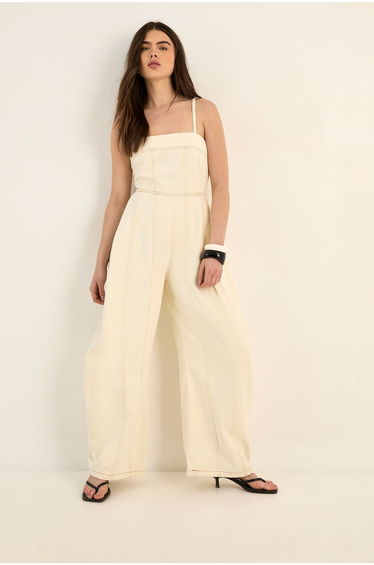 Strappy Seam Detail Wide Leg Denim Jumpsuit