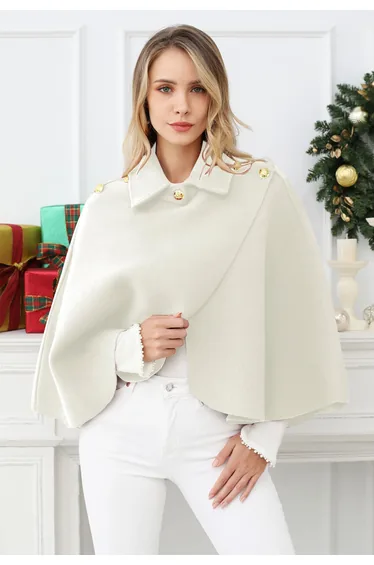 Golden Button Wrapped Knit Cape in Cream