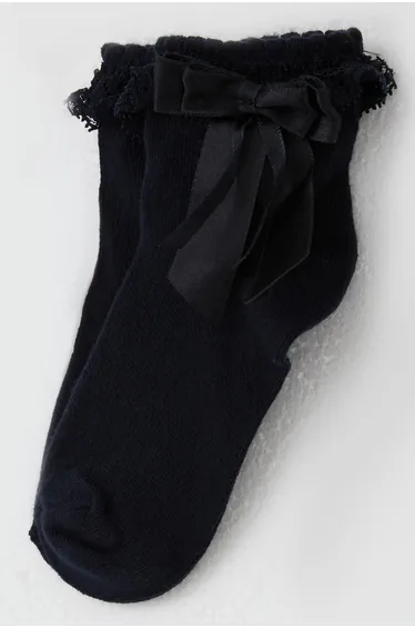 Girls' Ankle Socks with Lace Bow Detail, Navy Blue