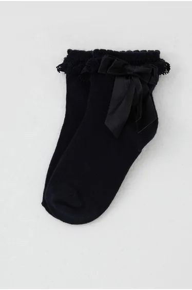 Girls' Ankle Socks with Lace Bow Detail, Navy Blue