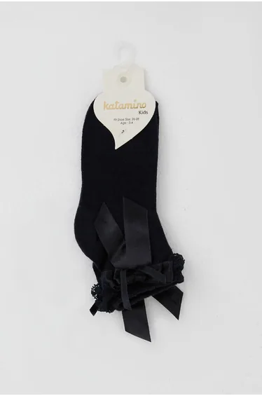 Girls' Ankle Socks with Lace Bow Detail, Navy Blue