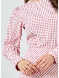 فستان ميدي بأساور بأزرار بطبعة كاروهات - زهري - 3