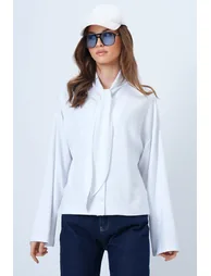 Women's White Scarf Detailed Buttoned Jacket - 4