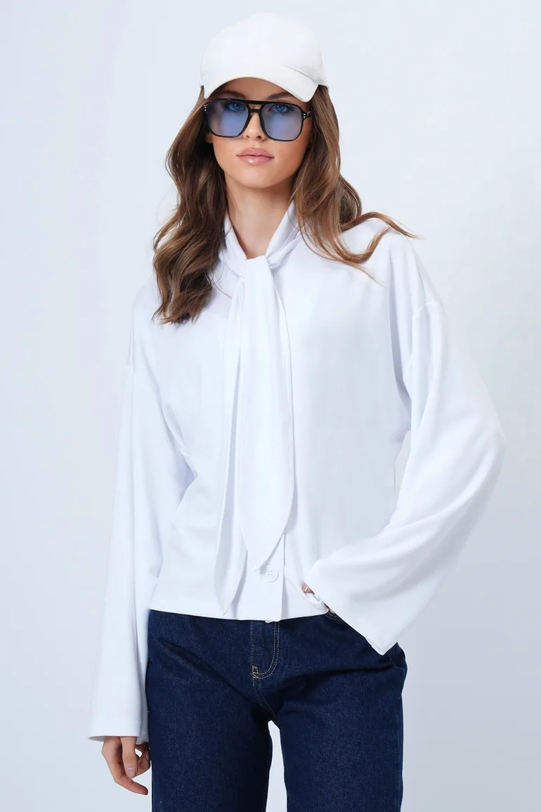 Women's White Scarf Detailed Buttoned Jacket