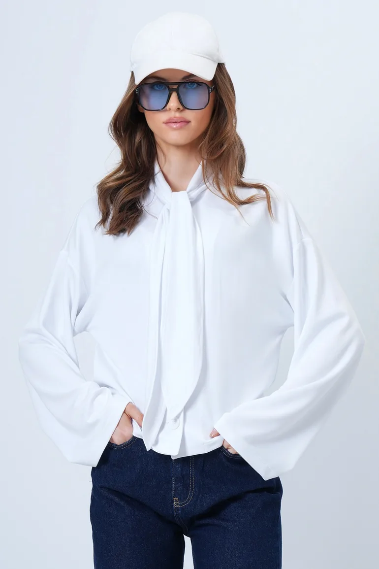 Women's White Scarf Detailed Buttoned Jacket - 2