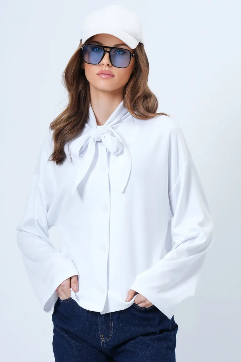 Women's White Scarf Detailed Buttoned Jacket - 1