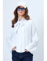 Women's White Scarf Detailed Buttoned Jacket - 1