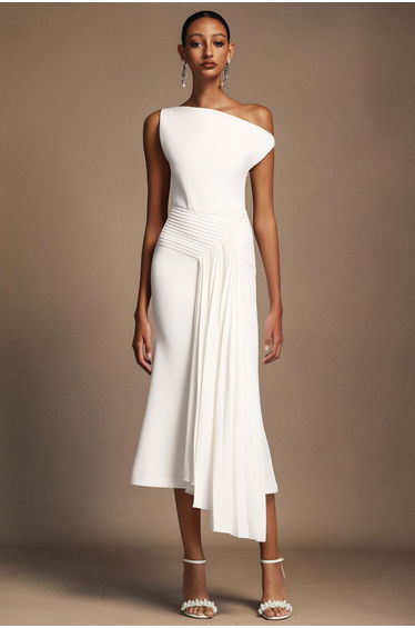 Paulina Oblique Shoulder Sleeveless Folds Midi Dress