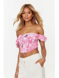 Pink-Multicolored Crop Lined Corset Detailed Poplin Floral Patterned Bustier - 1