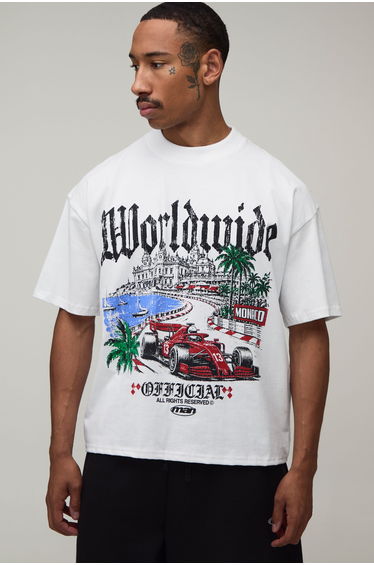 White Oversized Boxy Monaco Racing Print T-Shirt - white