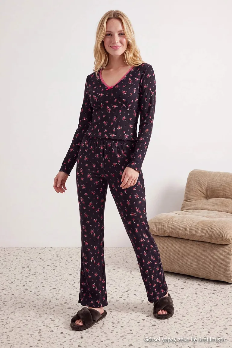 Black-Multicolor Floral Lace Detailed Soft Winter Ribbed