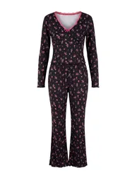 Black-Multicolor Floral Lace Detailed Soft Winter Ribbed - 4
