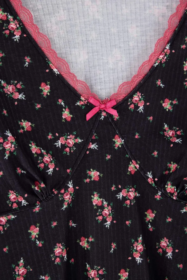 Black-Multicolor Floral Lace Detailed Soft Winter Ribbed - 5