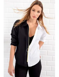 Women's Black and White Zippered Color Block Woven Shirt - 1