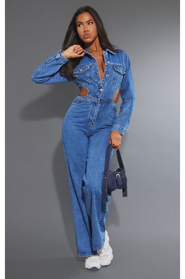 Mid Blue Wash Cut Out Waist Denim Jumpsuit